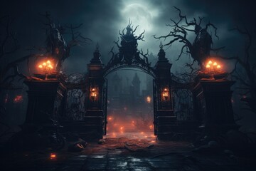 Gate with Halloween theme background. scary cemetery gate. Generative AI