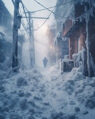 A blizzard with freezing temperatures and heavy snowfall.