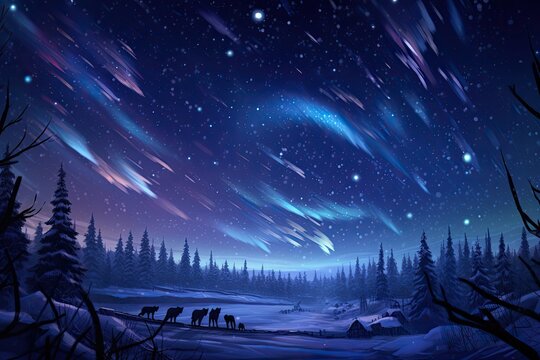 Wolves hunt together under a starlit winter sky.