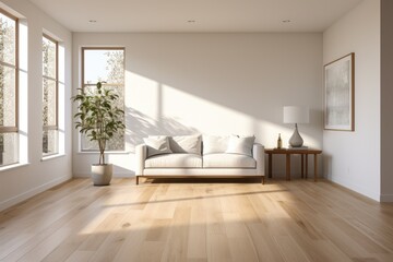 Empty room and wall and wooden floor with interesting with glare from the window. Interior background for the presentation. Generative AI