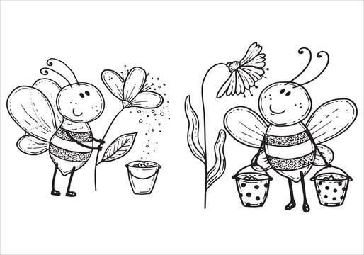 Coloring Page Outline of cartoon little bee with honey on flower meadow. Summer. Coloring book for kids. Coloring Page Outline of cartoon little bee with honey. Coloring book for kids. 41