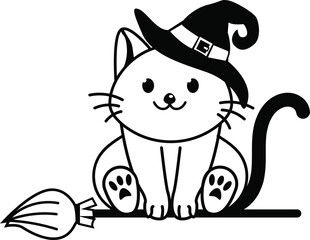 Halloween Cat with  witch hat Silhouette