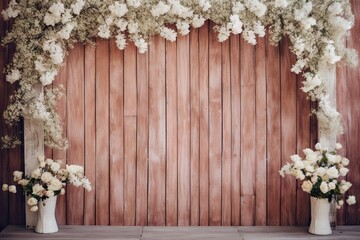Celebrating Spring Delight. Wooden Background Enhanced by Blooming Flowers and Leaves