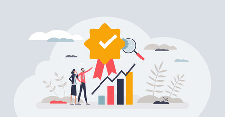 Quality assurance or performance tracking for development tiny person concept. Business growth guarantee with sales control and efficiency measurement vector illustration. Leadership approval check.
