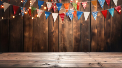Wooden dark empty table top showcase with festive flags, empty bokeh background
