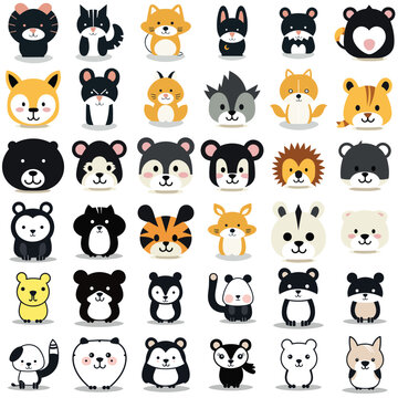 Cartoon animal face icon, Pack of animal cartoon design icon concept, Set of animal face character.