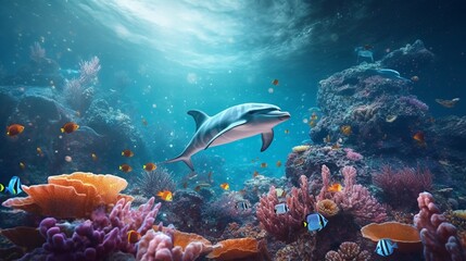 Fototapeta na wymiar Dolphins and a reef undersea environment electronic Generative Ai