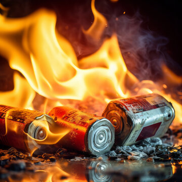 Lithium-ion batteries are burning, red fire around, rechargeable batteries dangerous self-heating and ignition, generative ai image