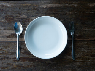 plate fork spoon wooden table white color silver background wallpaper kitchen meal restaurant dish lunch dinner rustic empty blank menu object drink eat cooking holiday object desk concept material 