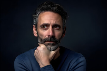 Fototapeta premium Portrait of middle aged good looking man posing on black background. Happy confident mature model man pose in front of a dark background