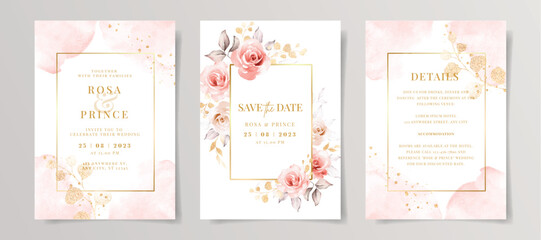 Set of watercolor wedding invitation card template with pink floral and leaves decoration