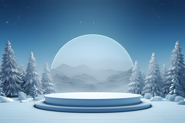 Blank pedestal stage in winter landscape with snow and Christmas trees, Empty space display of presentation product, AI generate