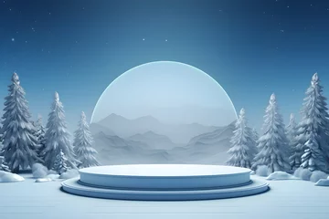 Cercles muraux Bleu Jeans Blank pedestal stage in winter landscape with snow and Christmas trees, Empty space display of presentation product, AI generate