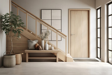 Scandinavian interior design of modern entrance hall with stairs and wood accents