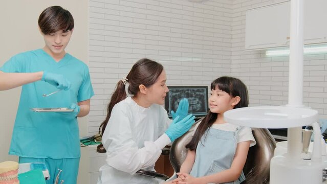 Asian female pediatric dentist and assistant check and examination a little girl's caries teeth in dental clinic, well-being hygiene, and professional orthodontic healthcare work in kid hospital.