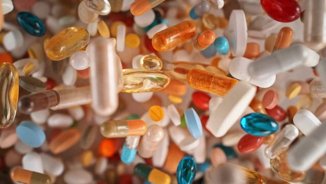 Colorful Supplements and Medicaments Flying Towards the Camera in Slow Motion - Top View. Drug addiction