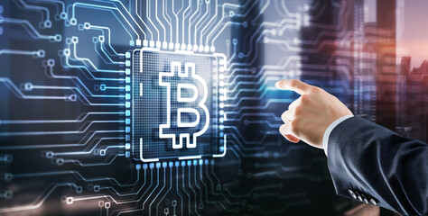 Businessman clicking on virtual screen Bitcoin Cryptocurrency concept. Mining factory. Server racks background