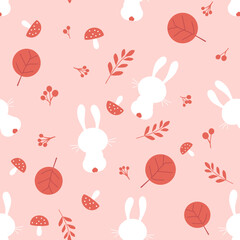 Seamless pattern with bunny rabbit cartoons, branch, mushroom and red berries on pink background vector illustration.