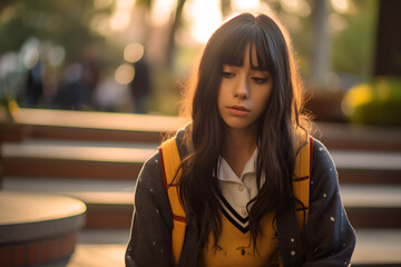 Obraz premium Portrait female student entering first day of school alone. Young Woman with Long Brown Hair and backpack with blurry school background