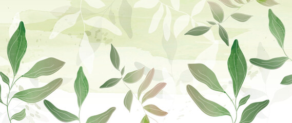 Tropical leaf line art background vector. Natural botanical leaves pattern design in linear contour, watercolor texture. Plant illustration for fabric, print, cover, banner, decoration, wallpaper.