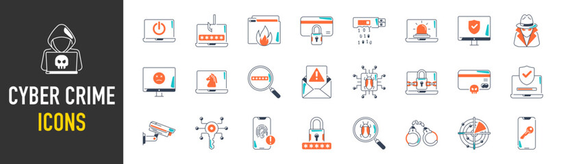 Cyber crime and security icon set. Data protection symbol. Secured network icon collection. Technology concept. Vector illustration.
