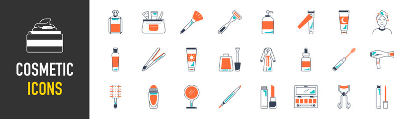 Simple Set of Cosmetics Related Vector Icons. Contains such Icon as Cream Bottle, Lipstick, Makeup Brush and more.
