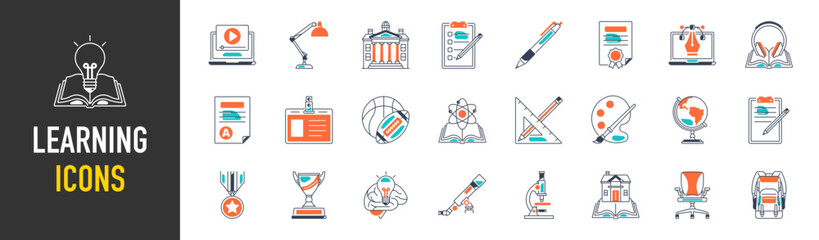 Learning icon set. Containing study, graduation, student, knowledge, learning, school and stationery icons. Solid icon set. Vector illustration.
