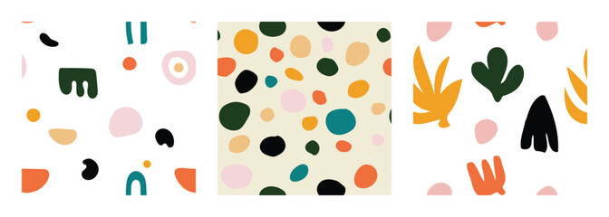 Set of doodle in seamless pattern. Abstract art background vector design with childish scribble, leaf, geometric shapes in vibrant color. Fun creative illustration for kids, fabric, prints, cover.