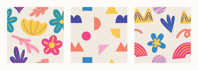 Set of doodle in seamless pattern. Abstract art background vector design with childish scribble, flower, geometric shapes in vibrant color. Fun creative illustration for kids, fabric, prints, cover.