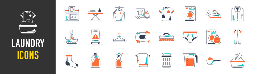 Set of laundry vector icons with of hand washing, dress, iron, washing powder for website and app
