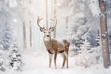Wild deer in a snowy winter forest, winter concept