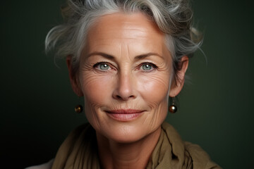 Front view portrait caucasian attractive middle aged woman looking at camera, elderly beautiful model skincare concept. Senior people and beauty
