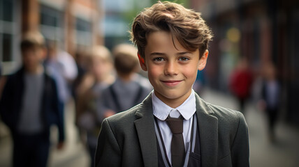 Handsome smiling caucasian schoolboy at school playground outdoors looking at camera