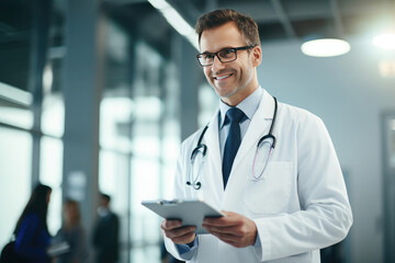 Doctor in uniform holding patient chart on medical office background.Generative ai