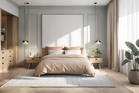 Frame mockup in cozy beige Japandi master bedroom blue, orange, soft pink, beige,3d render white