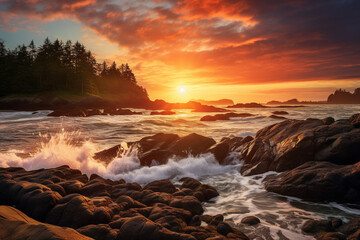 Fototapeta na wymiar Rocky shore on west coast of pacific ocean. Bay. Sunset sky