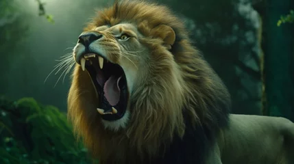 Fotobehang Slow Motion of a Lion roaring in front of a green key Generative Ai © Lucky