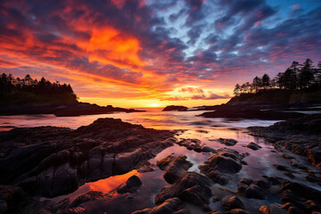Majestic rocky shore on the Pacific coast at sunset