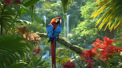 Tropical rainforest with macaw parrot bird with palm Generative Ai - obrazy, fototapety, plakaty
