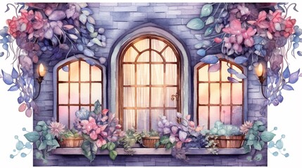 Watercolor fairy Night Window Clipart floral fantasy Generative Ai