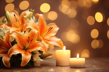 Funeral. Beautiful lilies and burning candle on light blurred background, bokeh effect - obrazy, fototapety, plakaty