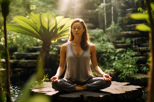 Beautiful relaxed woman practicing yoga in middle of forest. Young woman sitting doing meditation in nature radiates serenity