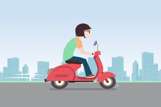 A man wearing helmet riding a motor scooter on the road with city background. Cartoon vector illustration.