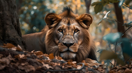 Naklejka premium Lion Portrait Surrounded by Leaves