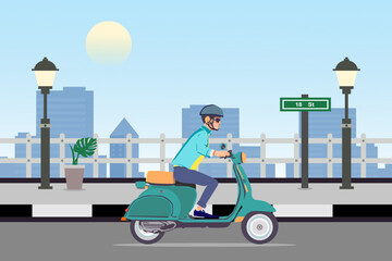 A man wearing helmet riding a motor scooter on the road with city background. Cartoon vector illustration.