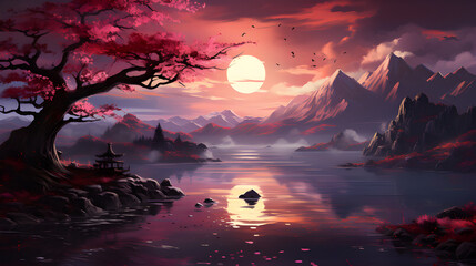 Sunset Serenity: Cherry Blossom by the Mountain Lake