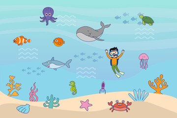 Under the sea background. Marine Life Landscape with undersea animals and a diver. Cartoon vector illustration.