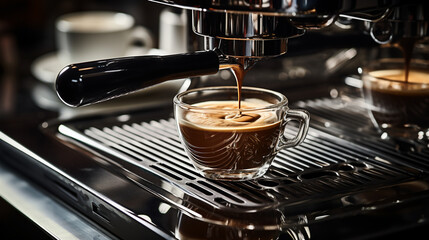 Espresso coffee machine making coffee liquid into the cup with cozy mood in the morning at home, restaurant, cafe or coffee shop background. lifestyle concept for coffee and tea collection.
