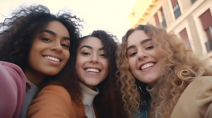 Fototapeta premium Three cheerful girlfriends smiling and taking selfies together enjoying vacation together