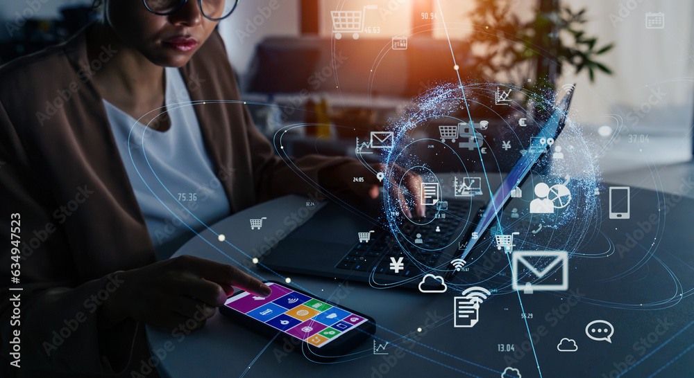 Poster communication network concept with black woman working in the office. iot (internet of things). mobi